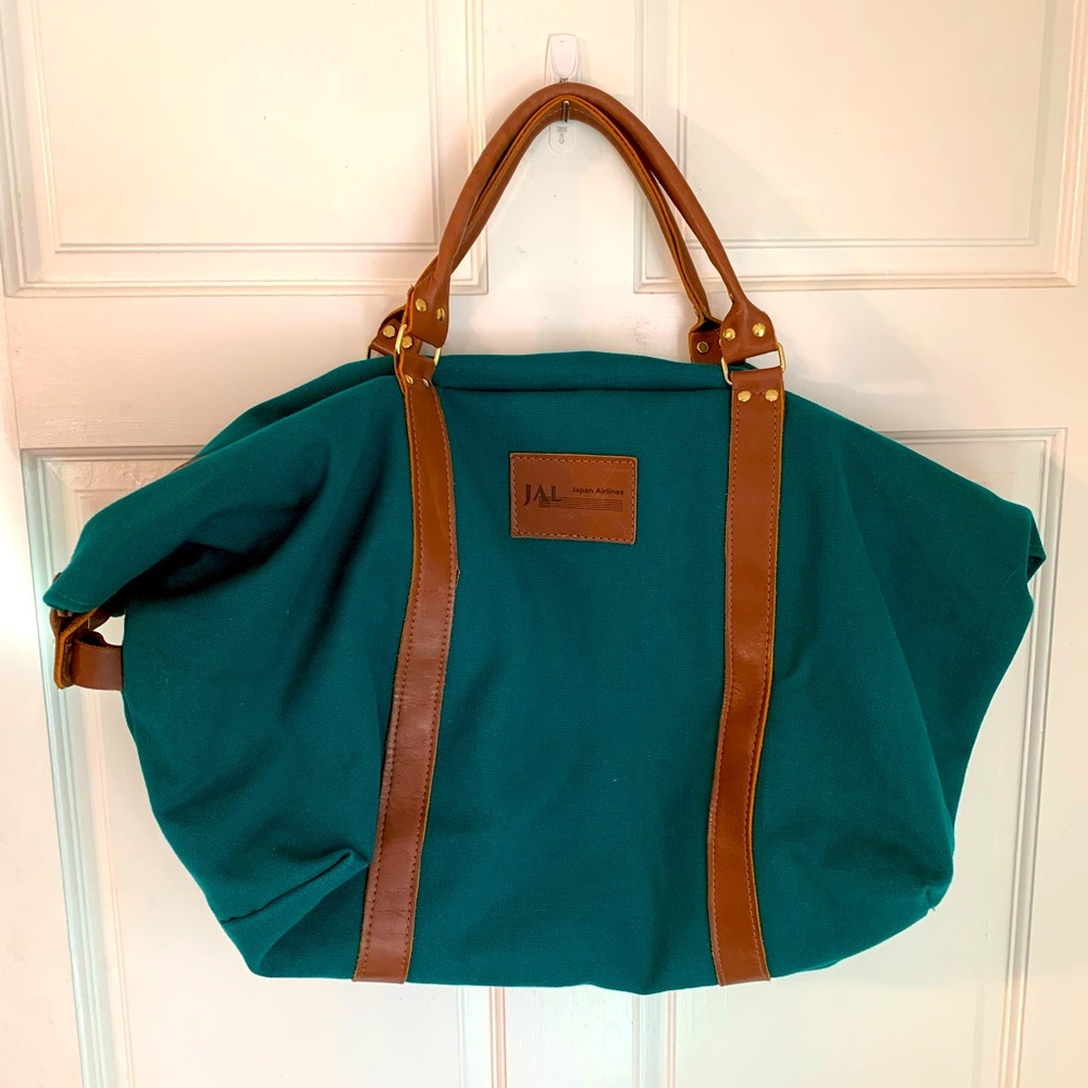 Vintage Japan Airline JAL Emerald Green Canvas Duffle Carry-On Travel Bag